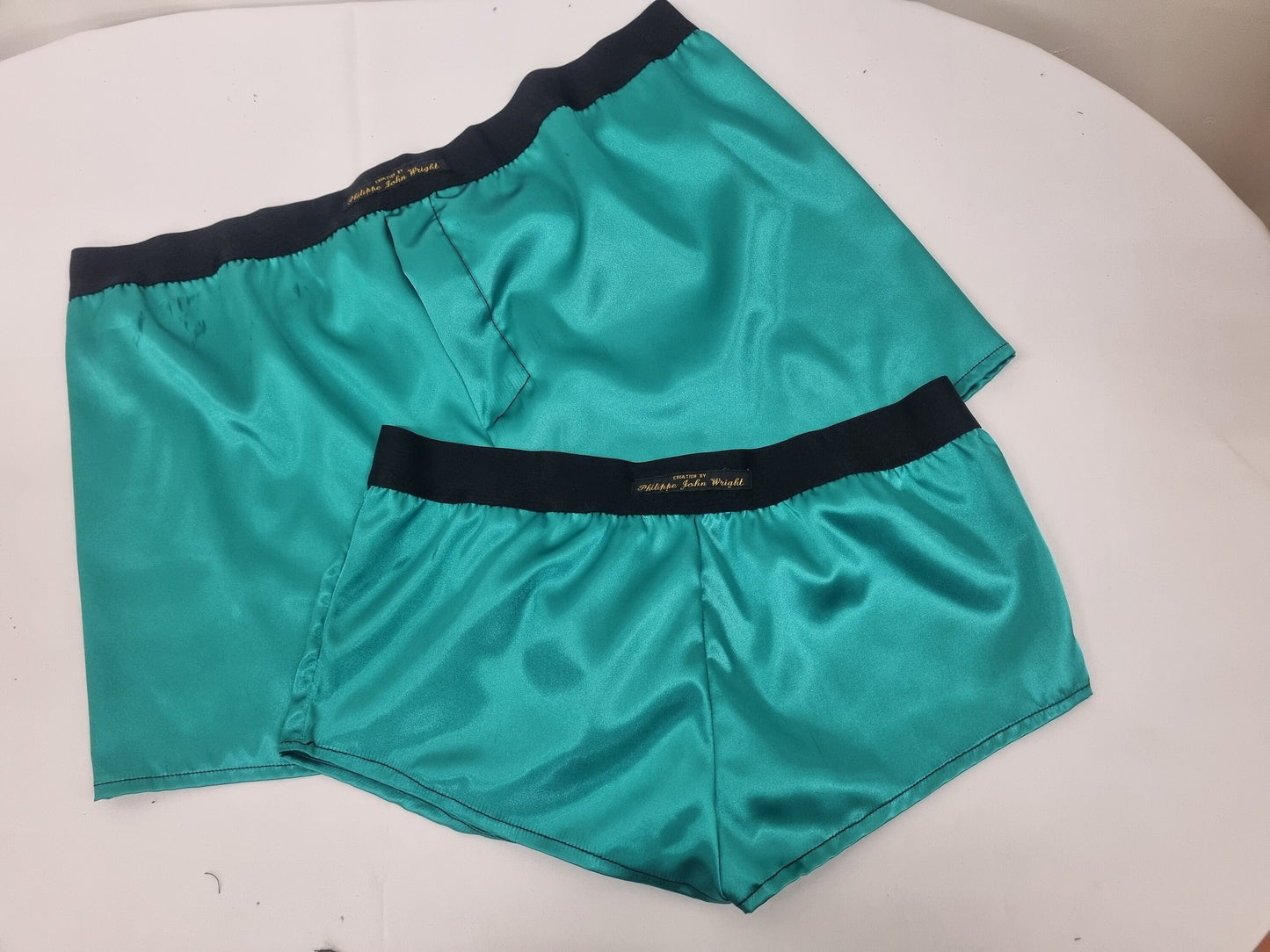His and her satin GREEN boxer short and boy shorts bundle hand made in France.