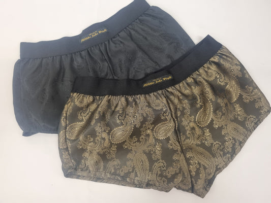 Womans double bundle BLACK and GOLD silk paisley boy shorts, pajamas, french knickers made in france