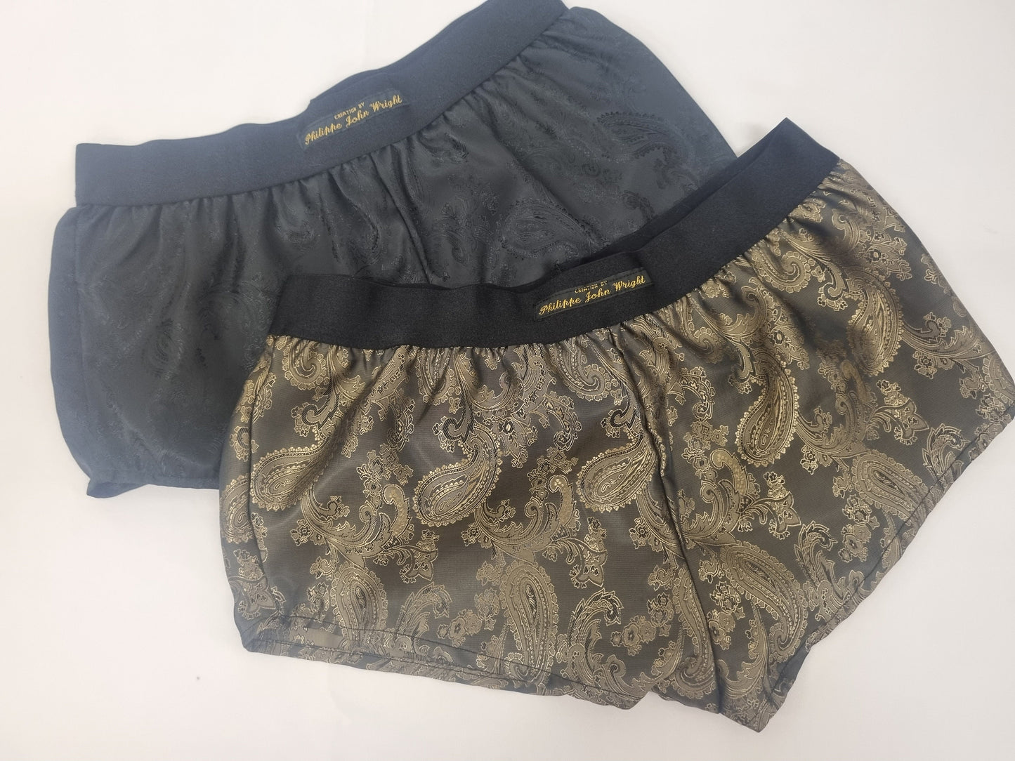 Womans double bundle BLACK and GOLD silk paisley boy shorts, pajamas, French knickers made in France