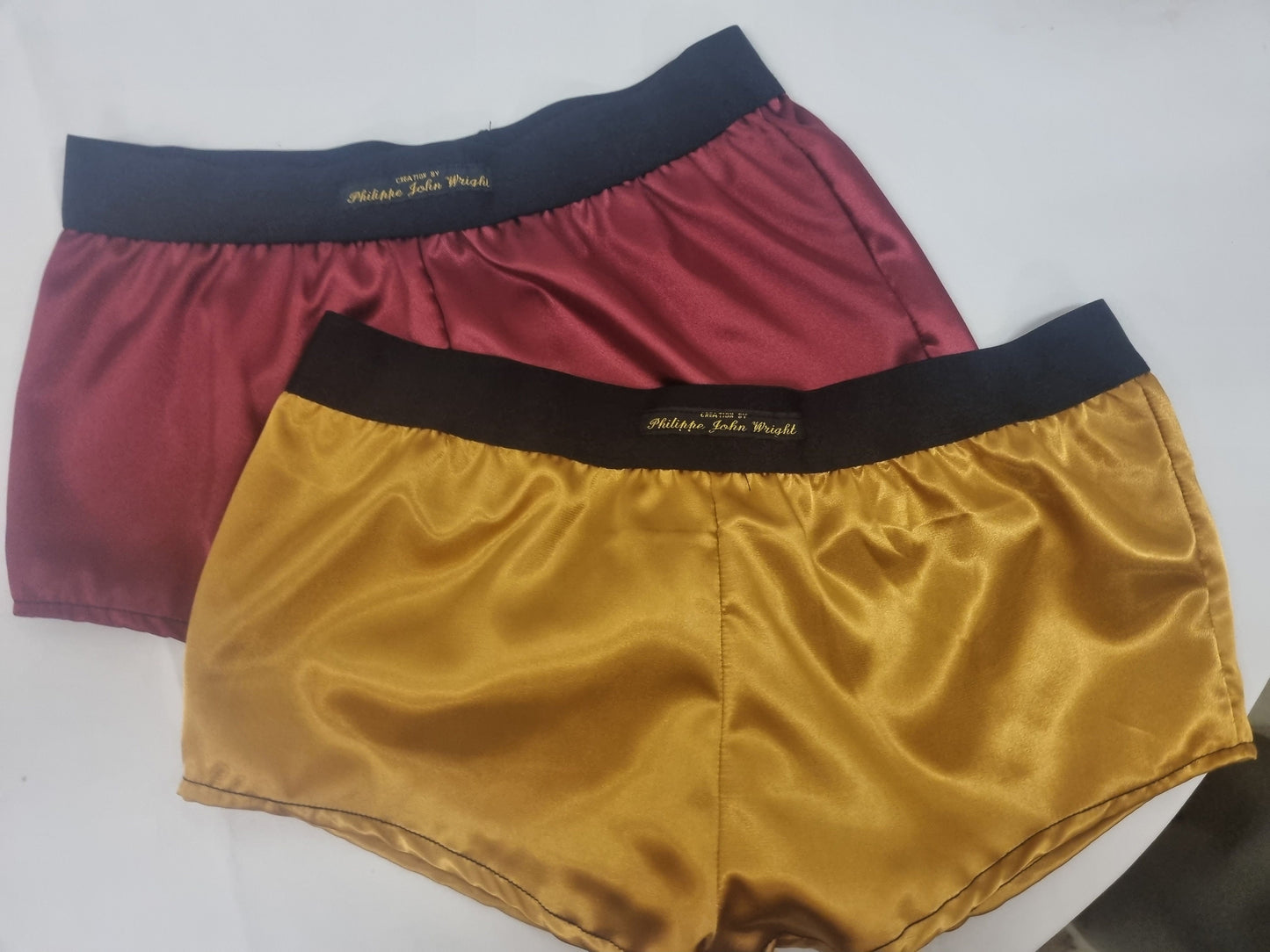 Womans double bundle BURGUNDY and GOLD satin boy shorts, pajamas, French knickers made in France