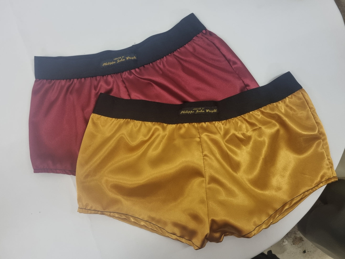Womans double bundle BURGUNDY and GOLD satin boy shorts, pajamas, French knickers made in France