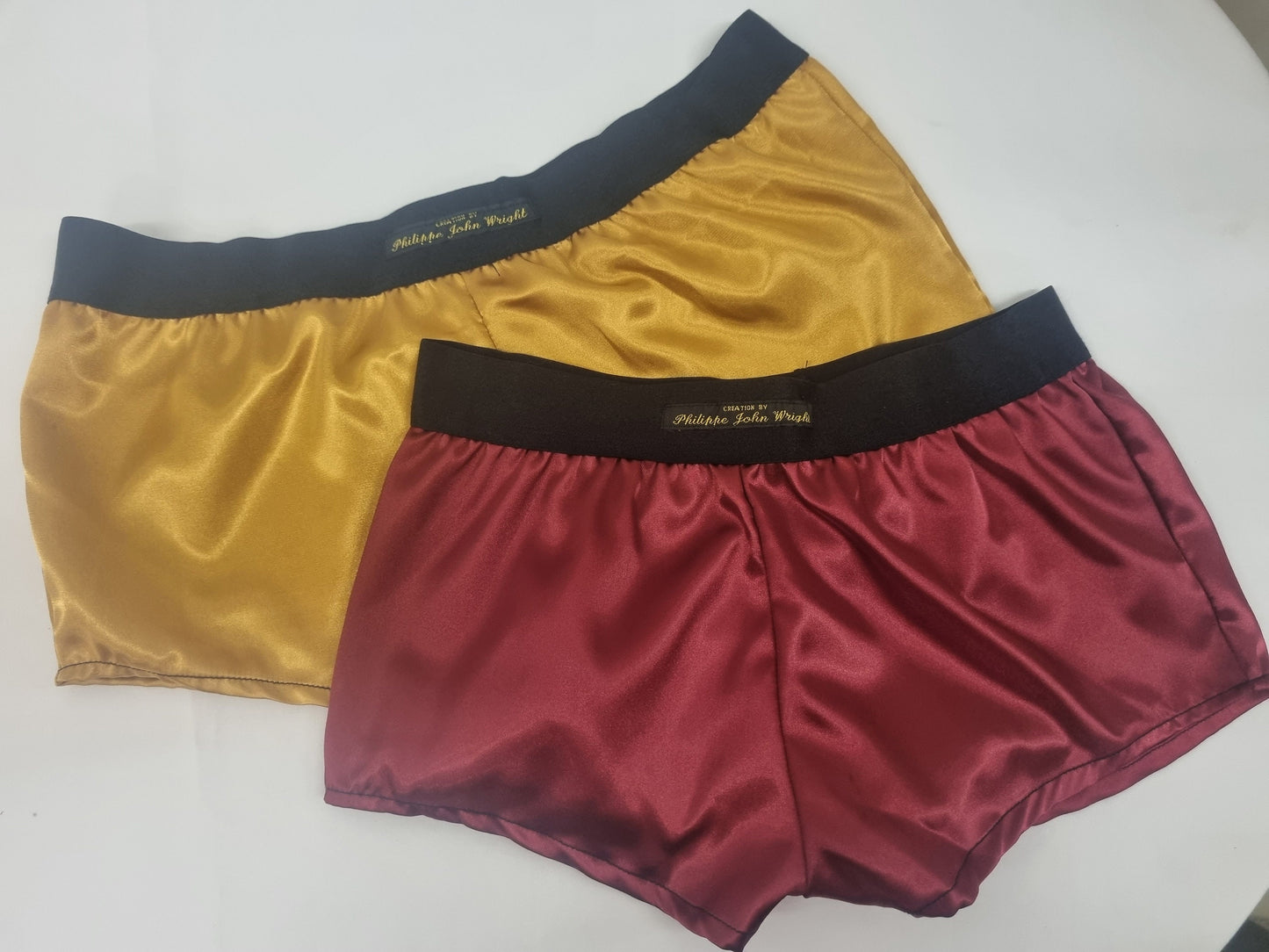 Womans double bundle BURGUNDY and GOLD satin boy shorts, pajamas, French knickers made in France