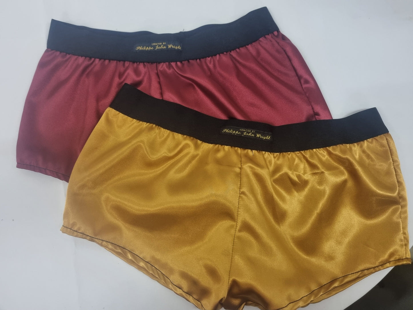 Womans double bundle BURGUNDY and GOLD satin boy shorts, pajamas, french knickers made in france