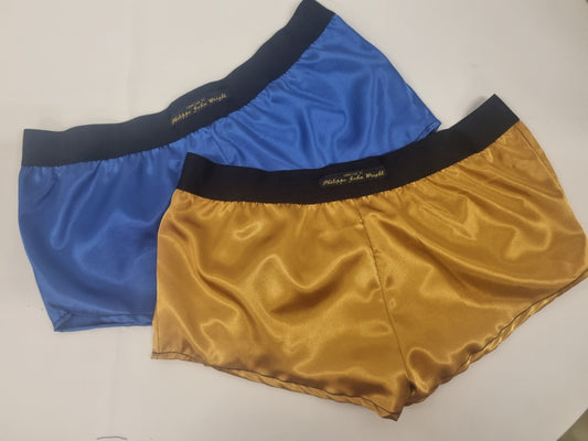 Womans double bundle ROYAL BLUE and GOLD satin boy shorts, pajamas, french knickers made in france