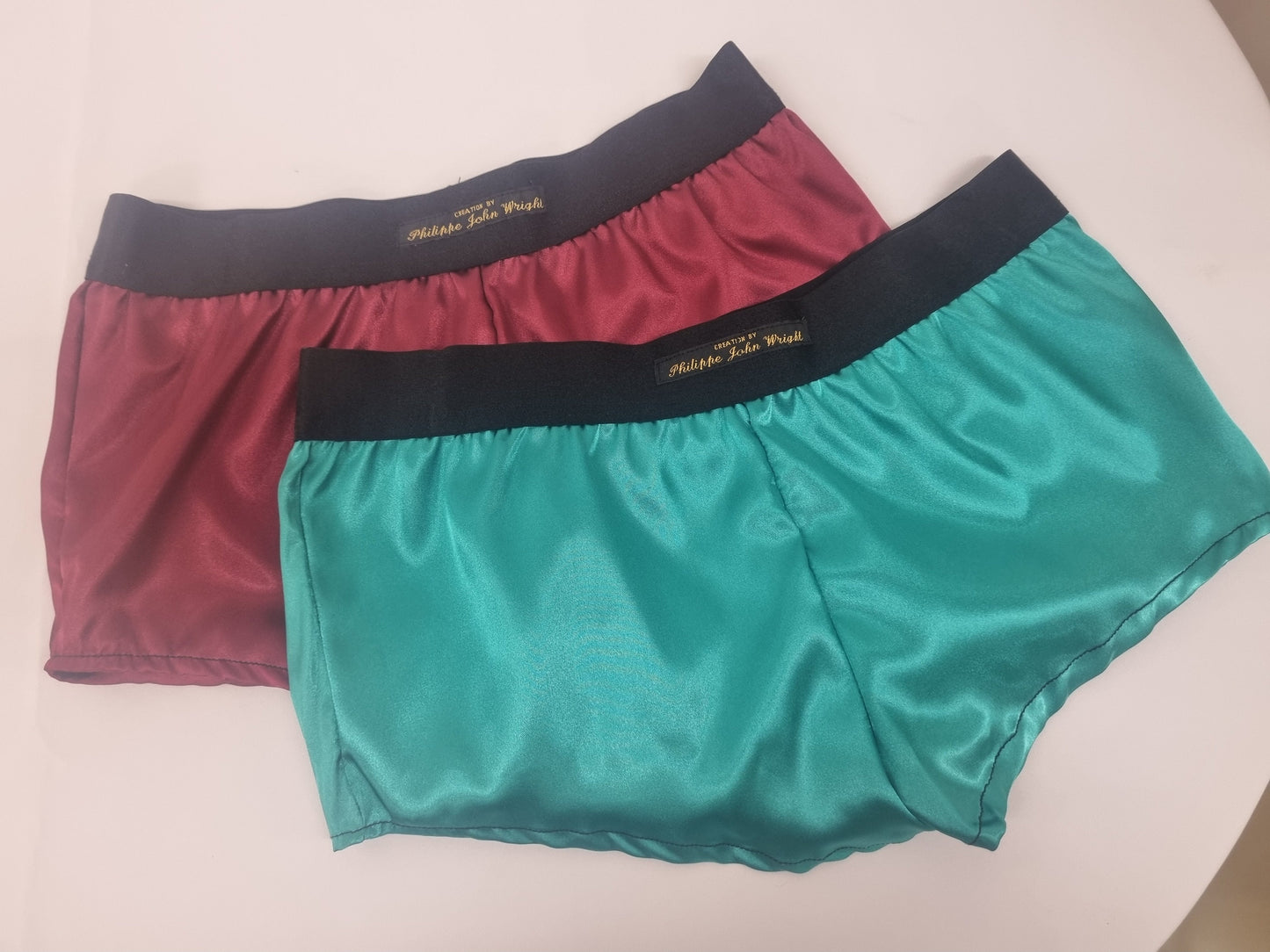 Womans double bundle BURGUNDY and GREEN satin boy shorts, pajamas, French knickers made in France