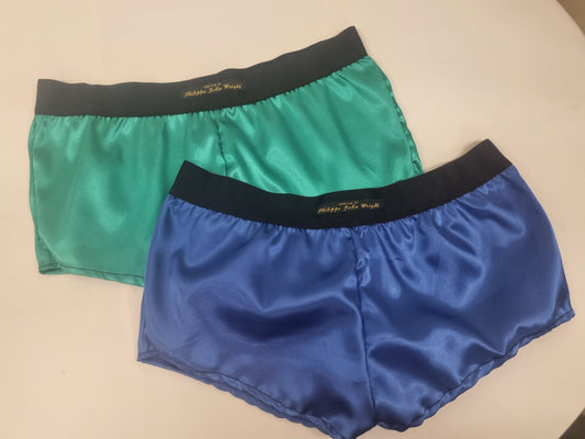 Womans double bundle ROYAL BLUE and GREEN satin boy shorts, pajamas, French knickers made in France