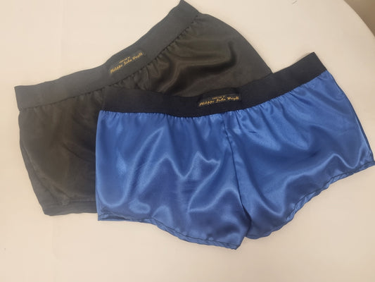 Womans double bundle ROYAL BLUE and BLACK satin boy shorts, pajamas, French knickers made in France