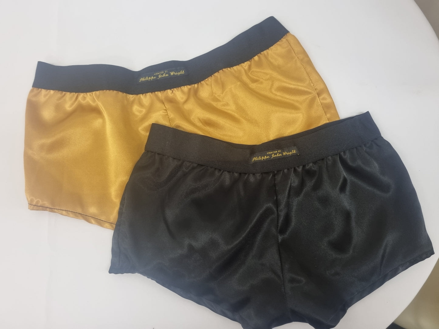 Womans double bundle GOLD and BLACK satin boy shorts, pajamas, french knickers made in france