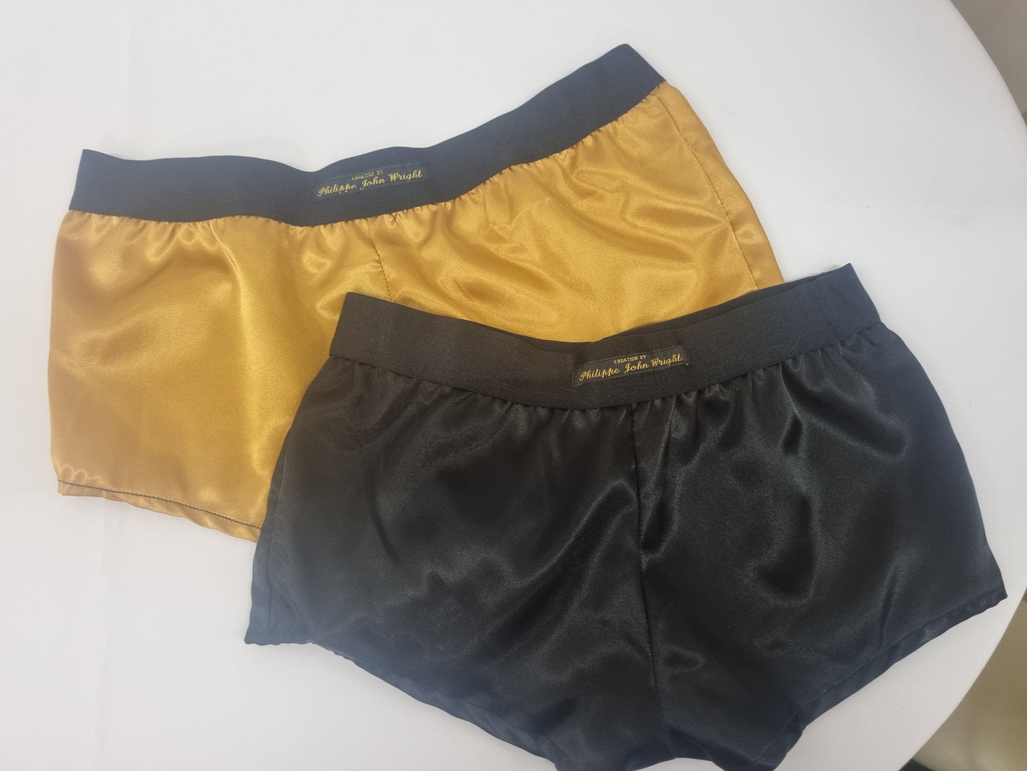 Womans double bundle GOLD and BLACK satin boy shorts, pajamas, french knickers made in france