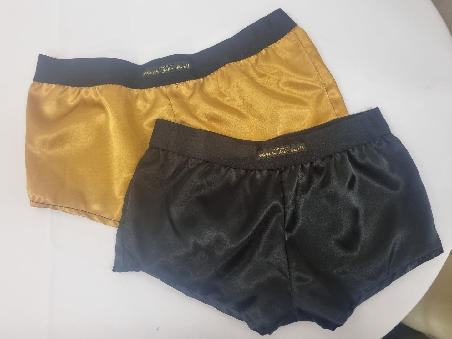 Womans double bundle GOLD and BLACK satin boy shorts, pajamas, french knickers made in france
