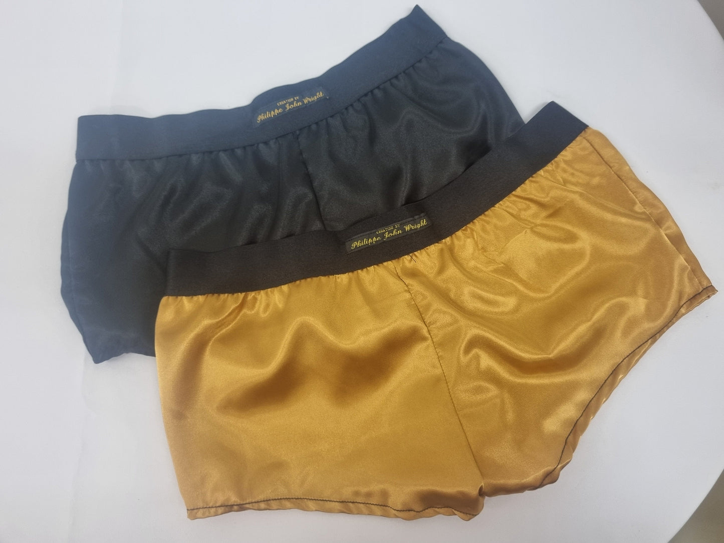 Womans double bundle GOLD and BLACK satin boy shorts, pajamas, French knickers made in France