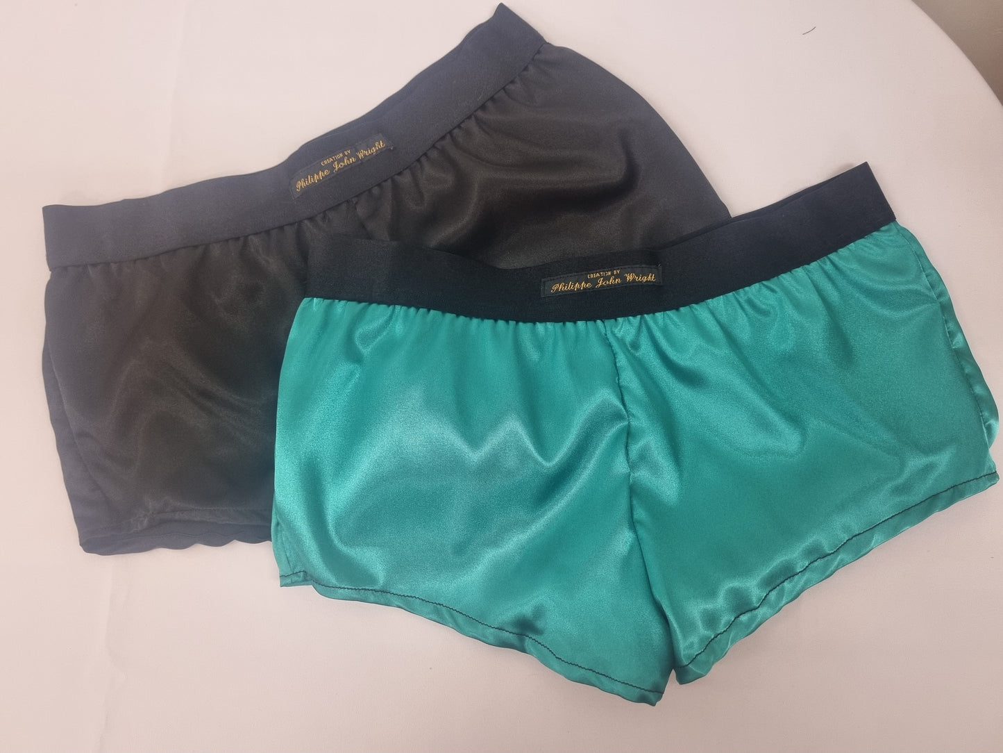 Womans double bundle GREEN and BLACK satin boy shorts, pajamas, French knickers made in France
