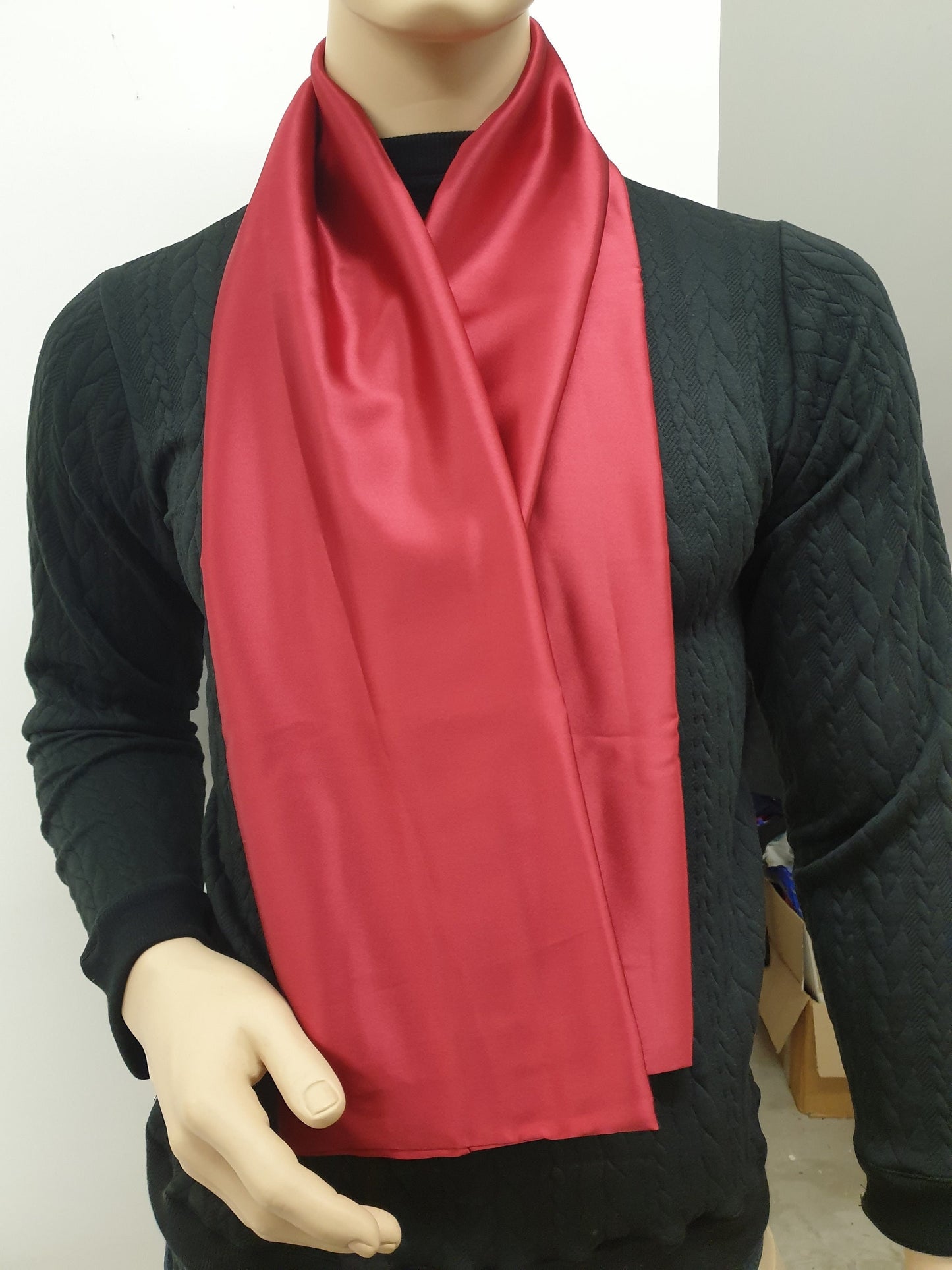 Men silky scarf RED hight quality satin, hand made in France. 140x20cm