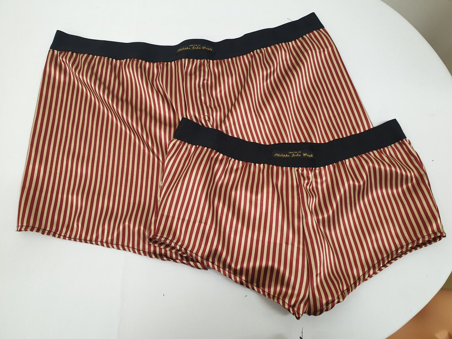 His and her RED and GOLD STRIPED silky Satin boxer short and boy shorts bundle hand made in France perfect for gifts