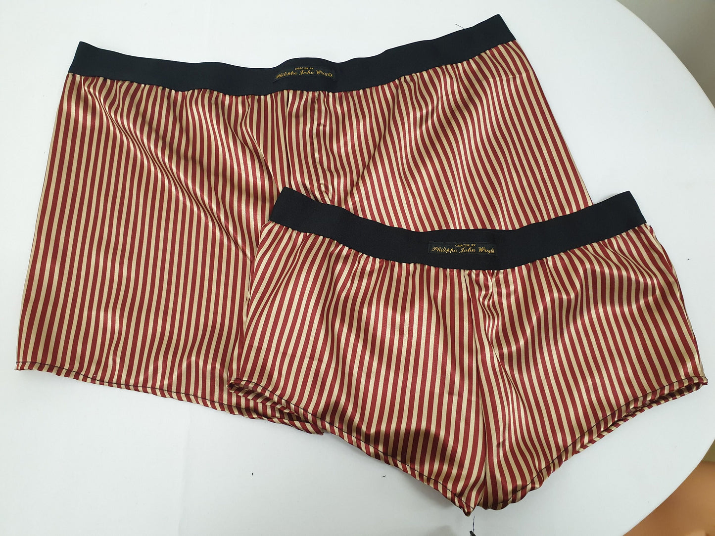 His and her RED and GOLD STRIPED silky Satin boxer short and boy shorts bundle hand made in France perfect for gifts