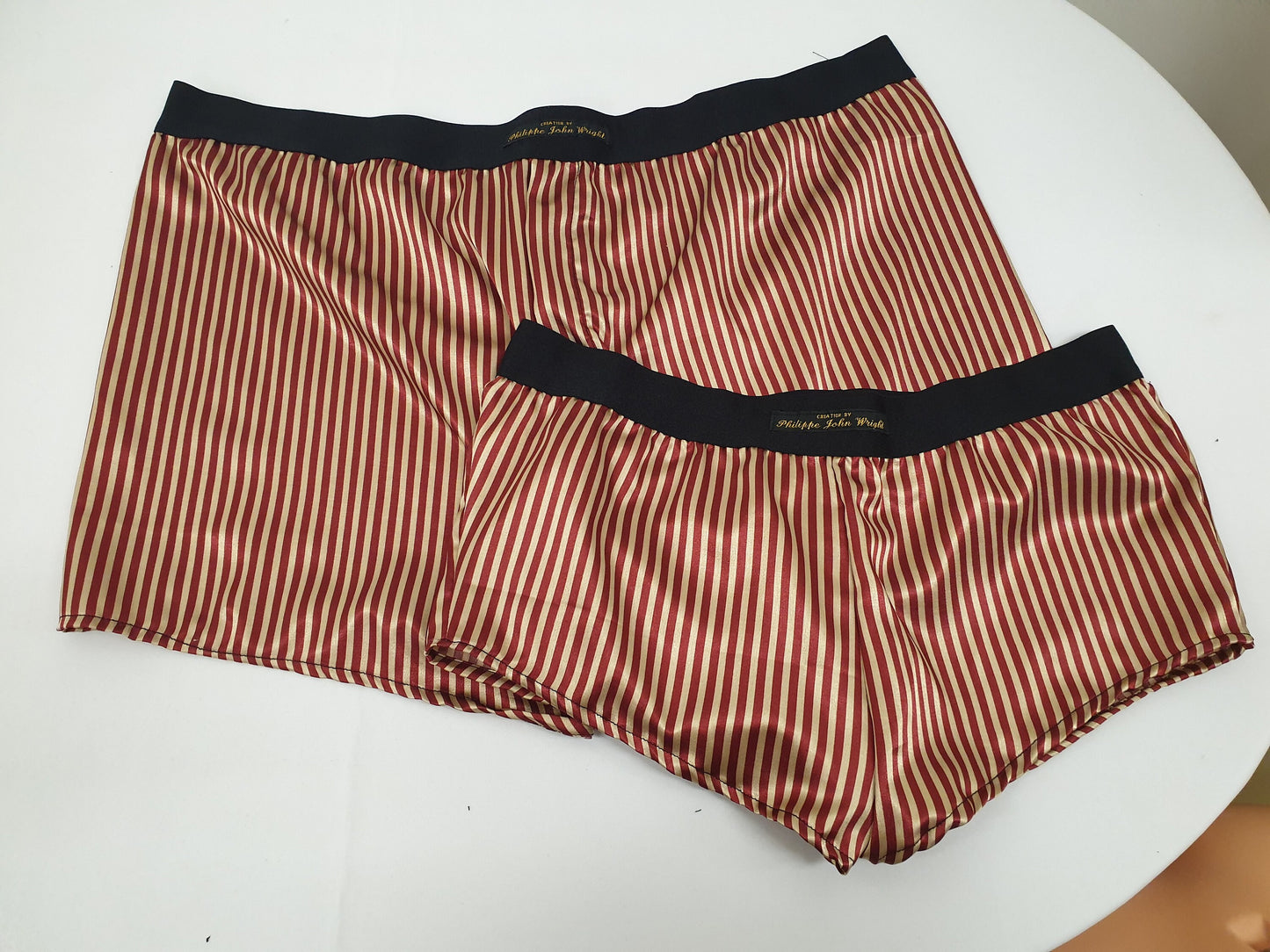 His and her RED and GOLD STRIPED silky Satin boxer short and boy shorts bundle hand made in France perfect for gifts