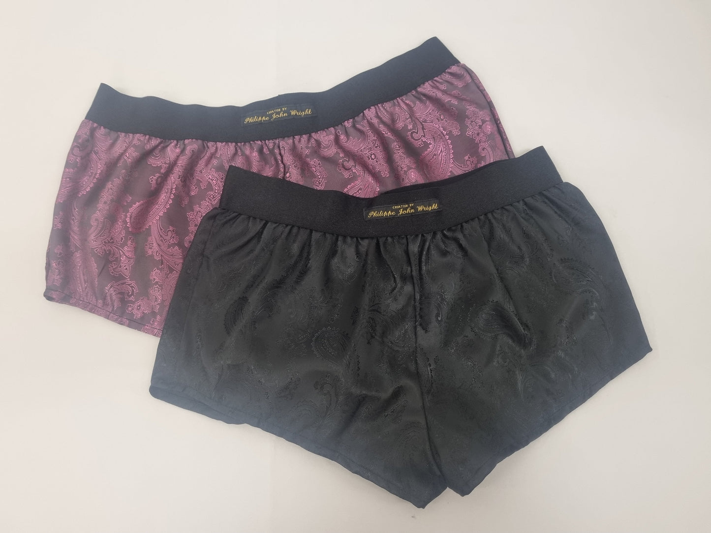 Womans double bundle PINK and BLACK silk paisley boy shorts, pajamas, french knickers made in france