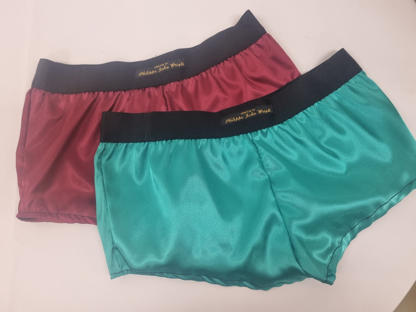 Womans double bundle BURGUNDY and GREEN satin boy shorts, pajamas, French knickers made in France