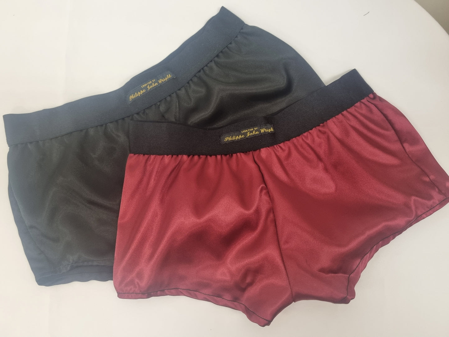 Womans double bundle BURGUNDY and BLACK satin boy shorts, pajamas, French knickers made in France