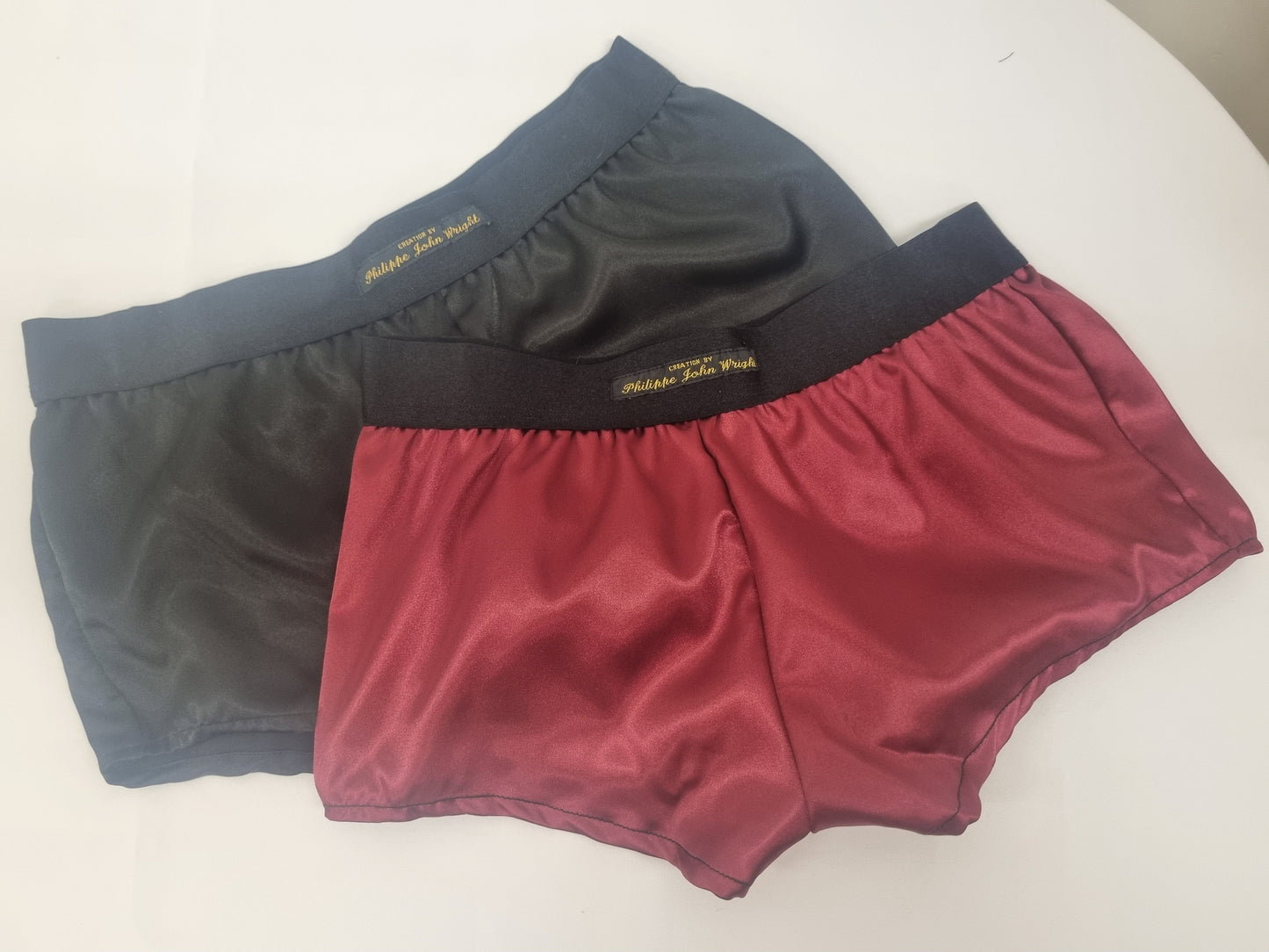 Womans double bundle BURGUNDY and BLACK satin boy shorts, pajamas, french knickers made in france