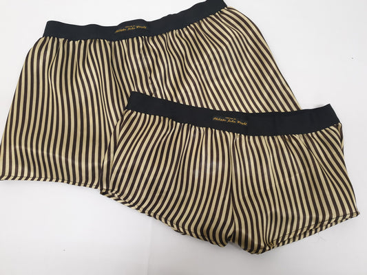 His and her BLACK and GOLD STRIPED silky Satin boxer short and boy shorts bundle hand made in France perfect for gifts