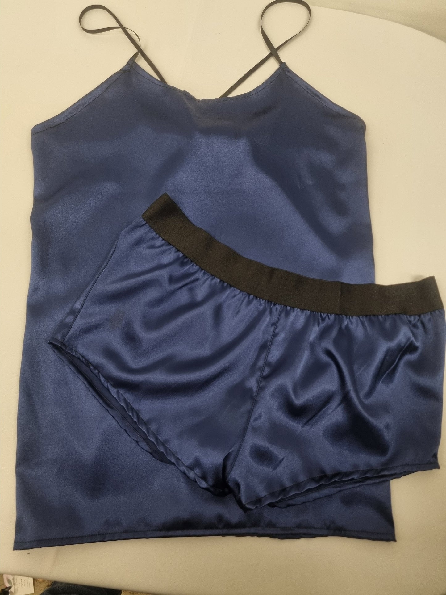 womans navy silky satin night dress and night shorts pyjama set, hand made in france