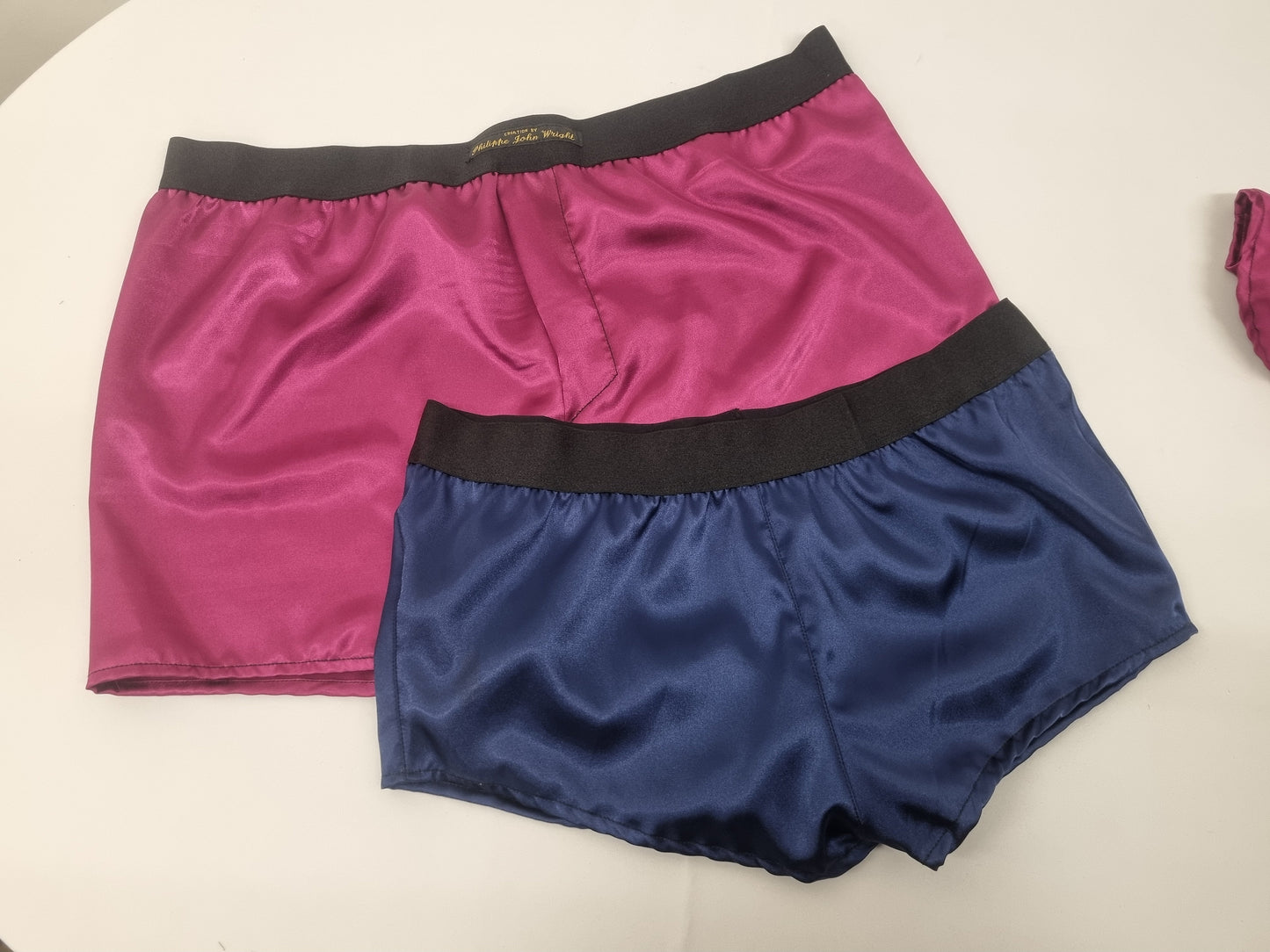 His and her MAGENTA and NAVY BLUE silky Satin boxer short and boy shorts bundle hand made in France perfect for gifts