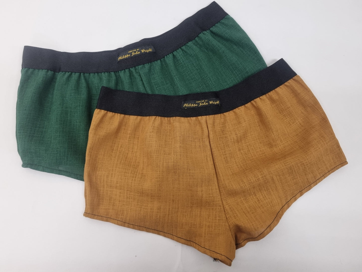 Womans double bundle GREEN and CHESTNUT BROWN linen boy shorts, pajamas, french knickers made in france