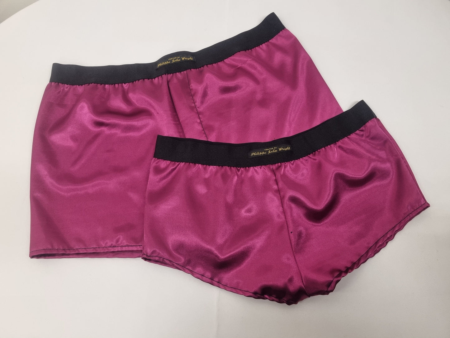 His and her satin MAGENTA boxer short and boy shorts bundle hand made in France.