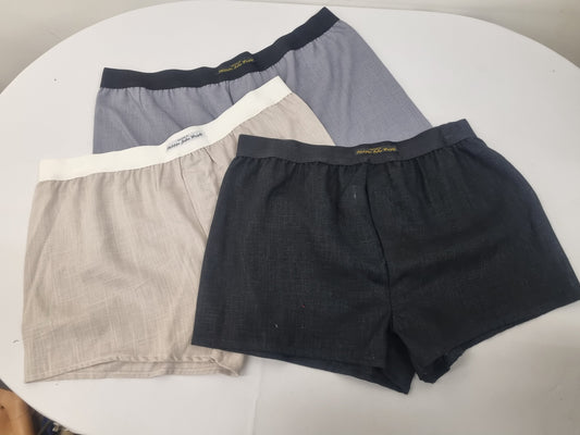 Three LINEN men boxer short bundle with black elastic. gray, black, beige.