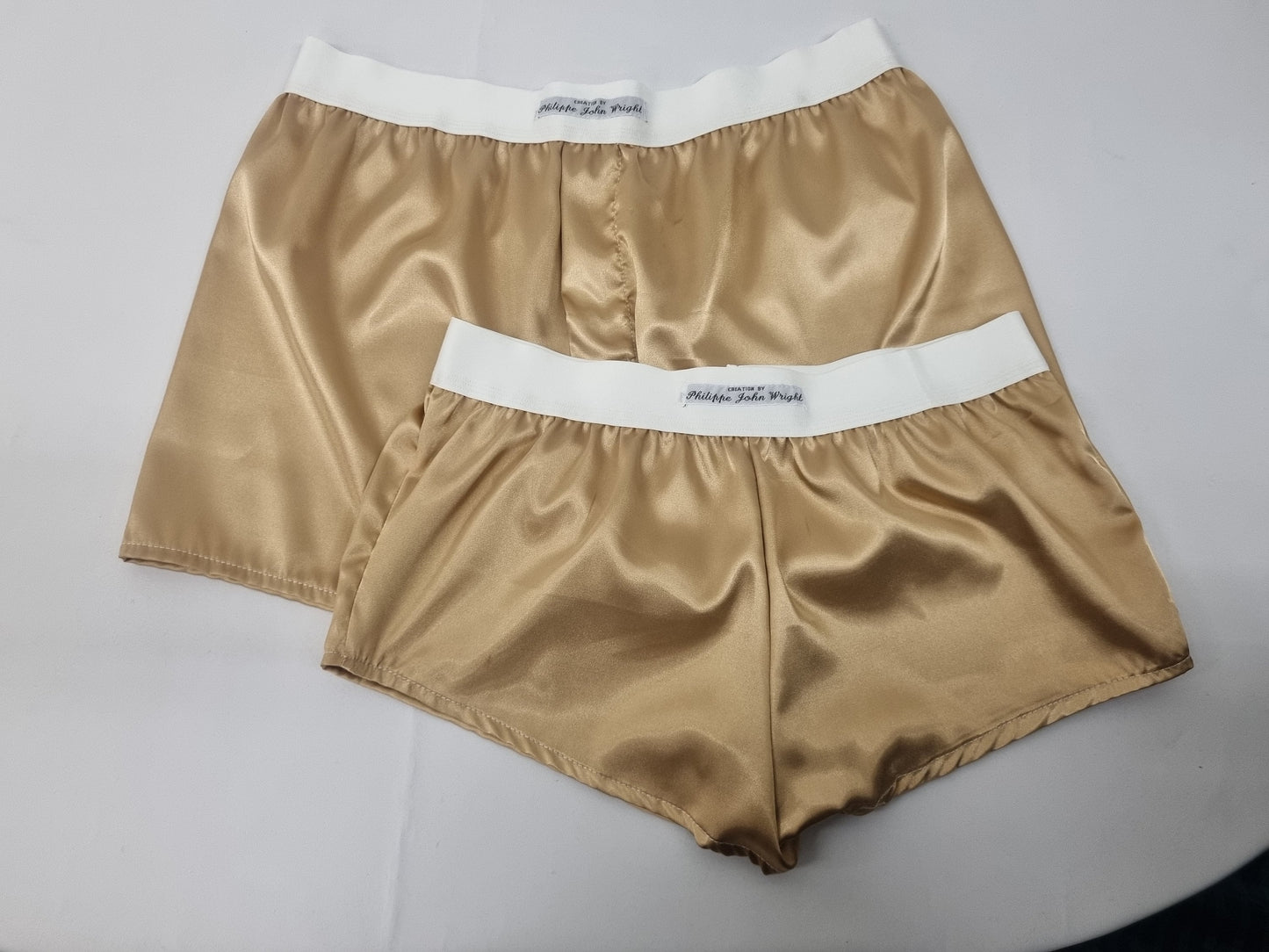 His and her satin CHAMPAGNE boxer short and boy shorts bundle hand made in France.