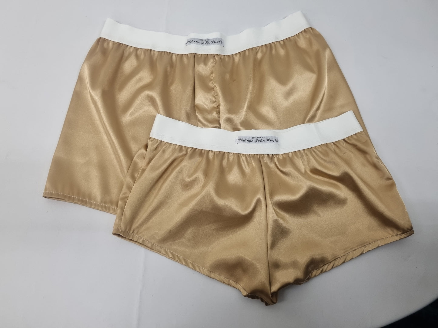 His and her satin CHAMPAGNE boxer short and boy shorts bundle hand made in France.