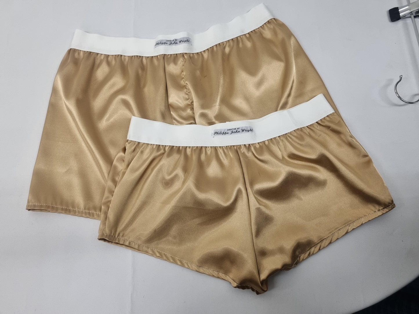 His and her satin CHAMPAGNE boxer short and boy shorts bundle hand made in France.