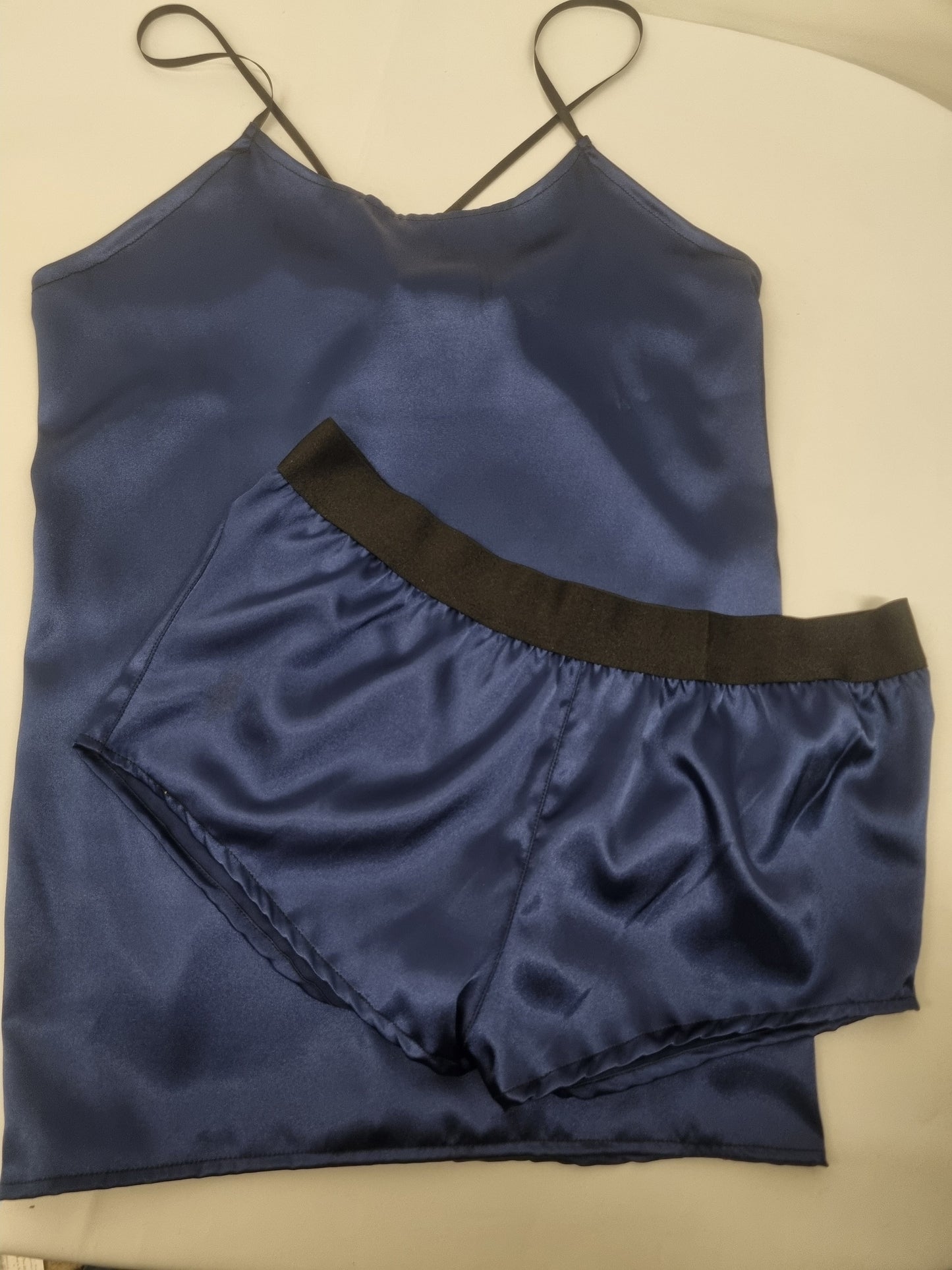 womans navy silky satin night dress and night shorts pyjama set, hand made in france