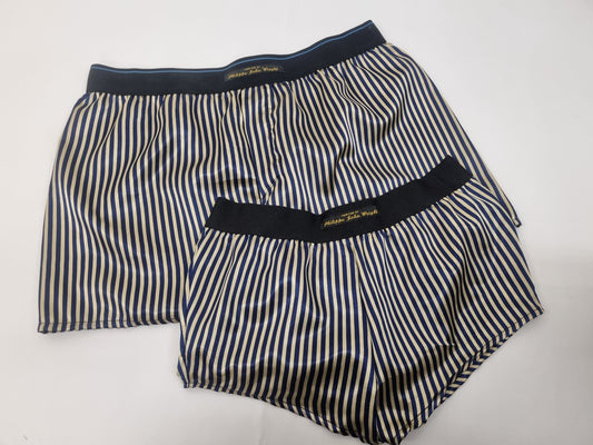 His and her BLUE and GOLD STRIPED silky Satin boxer short and boy shorts bundle hand made in France perfect for gifts