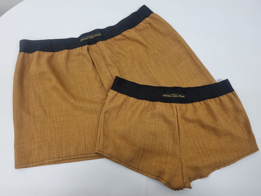 couple gift matching underwear His and her linen CHESTNUT BROWN boxer short and boy shorts bundle hand made in France.