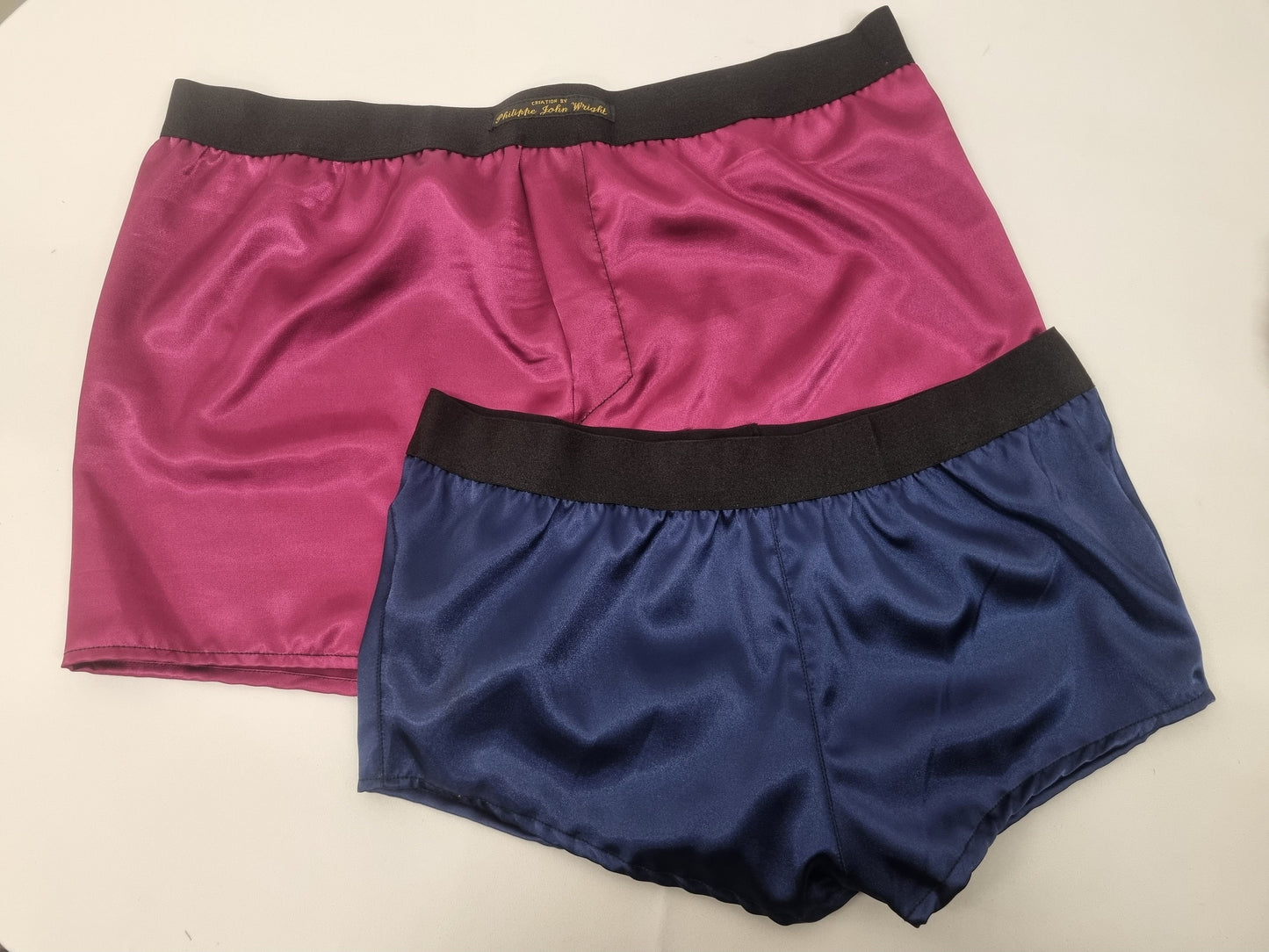 His and her MAGENTA and NAVY BLUE silky Satin boxer short and boy shorts bundle hand made in France perfect for gifts