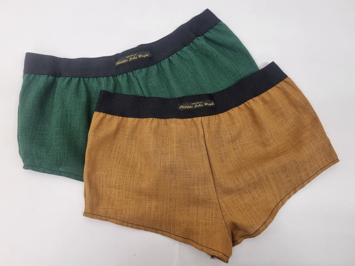Womans double bundle GREEN and CHESTNUT BROWN linen boy shorts, pajamas, french knickers made in france