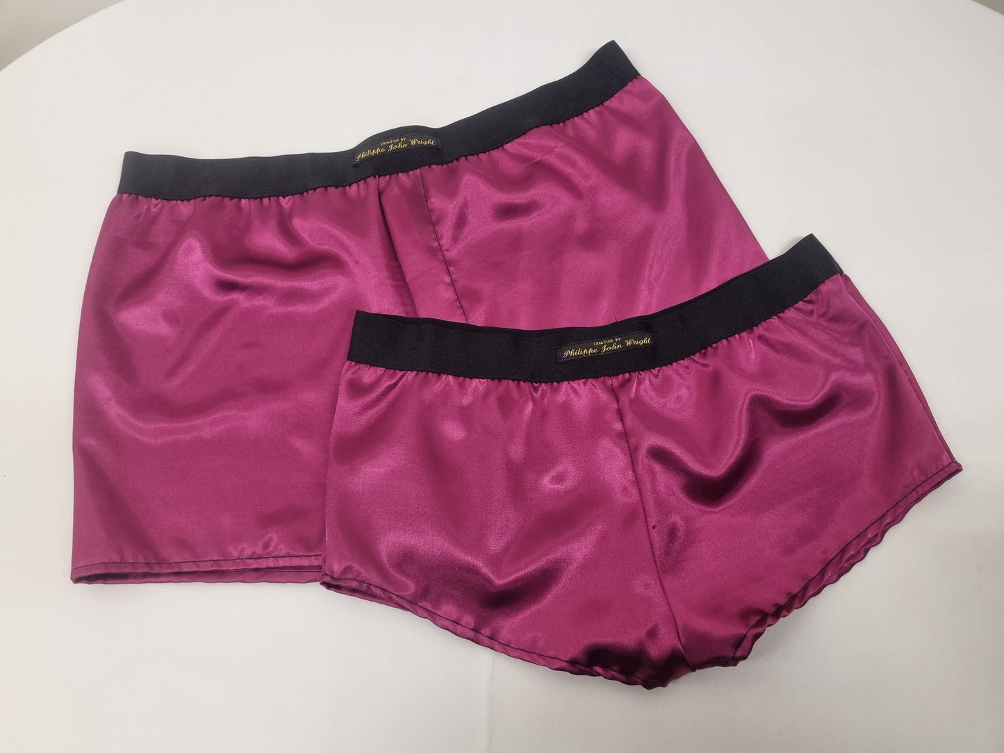 His and her satin MAGENTA boxer short and boy shorts bundle hand made in France.
