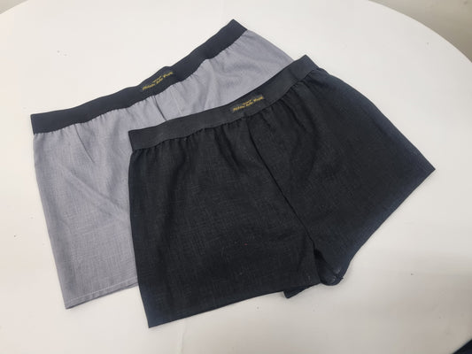 Two GRAY and BLACK LINEN men boxer short bundle with white elastic.