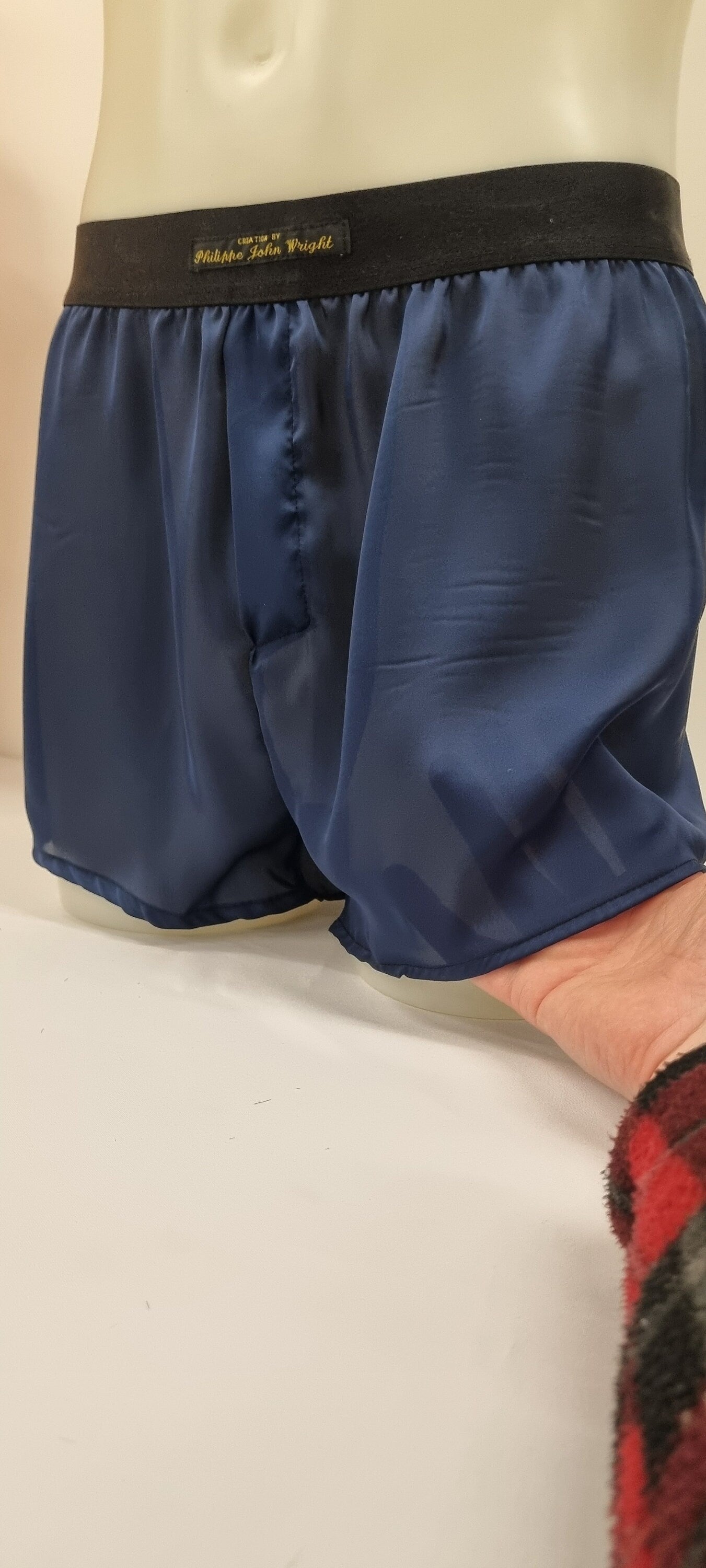 See through Navy blue silky satin sheer boxer shorts for men made in France