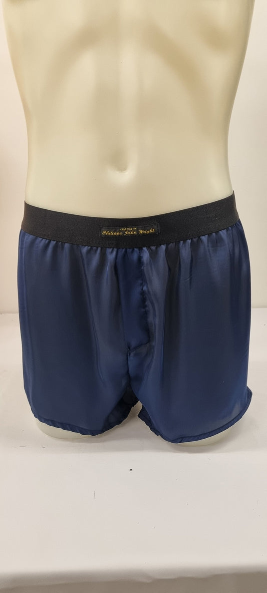 See through Navy blue silky satin sheer boxer shorts for men made in France