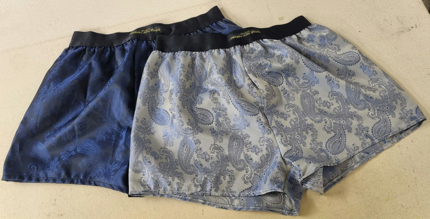 Two silk boxer shorts double bundle paisley motif made in France NAVY and ROYAL BLUE.
