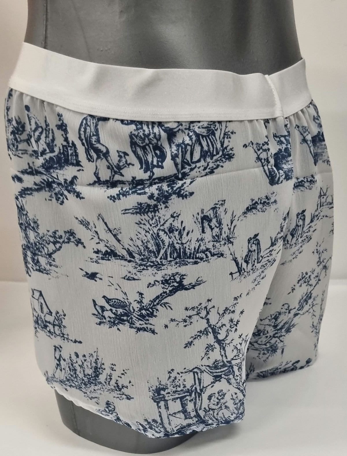 toile de jouy boxers shorts for men soft breathable sexy underwear in porcelain pattern sheer see through blue and white