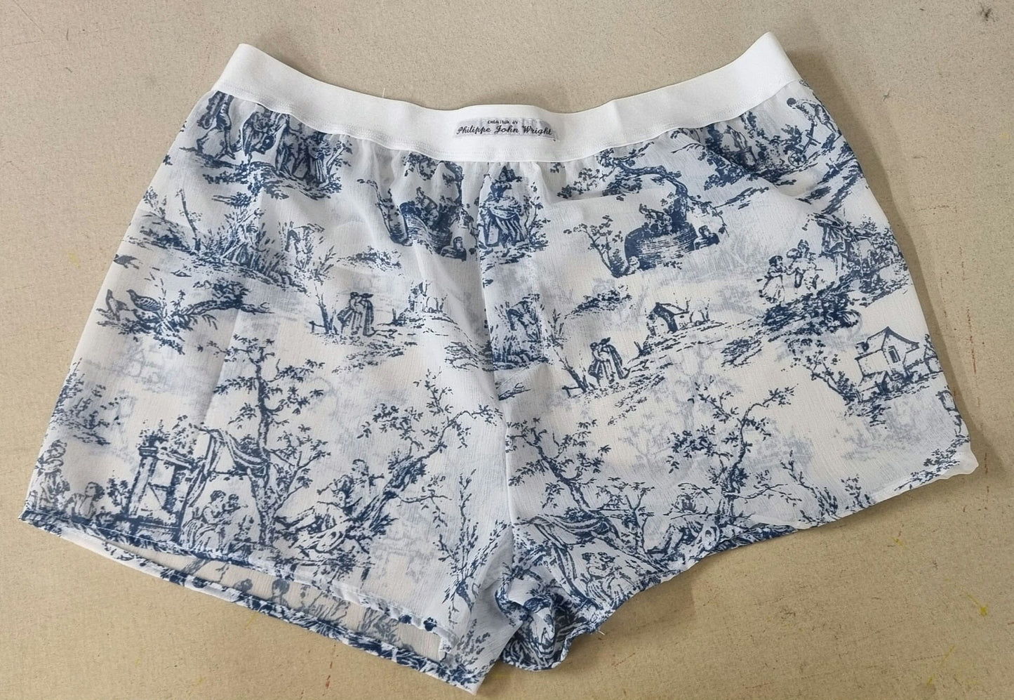 toile de jouy boxers shorts for men soft breathable sexy underwear in porcelaine motif sheer see through blue and white