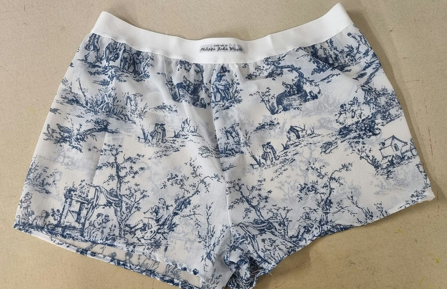 toile de jouy boxers shorts for men soft breathable sexy underwear in porcelaine motif sheer see through blue and white
