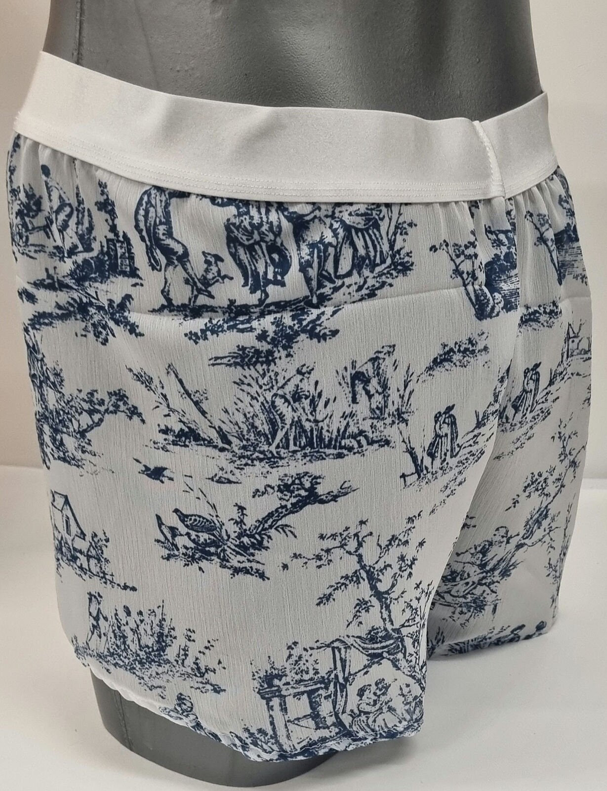 toile de jouy boxers shorts for men soft breathable sexy underwear in porcelaine motif sheer see through blue and white