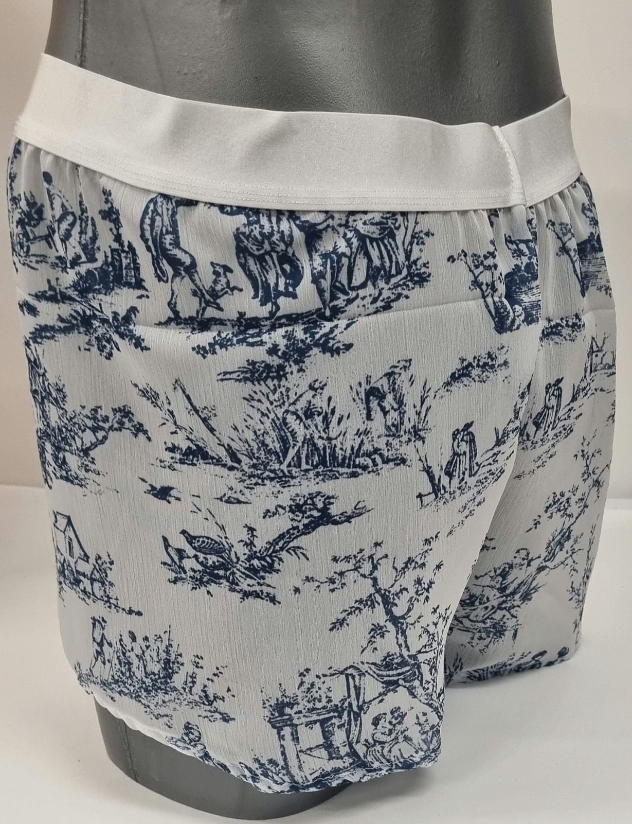 toile de jouy boxers shorts for men soft breathable sexy underwear in porcelain pattern sheer see through blue and white
