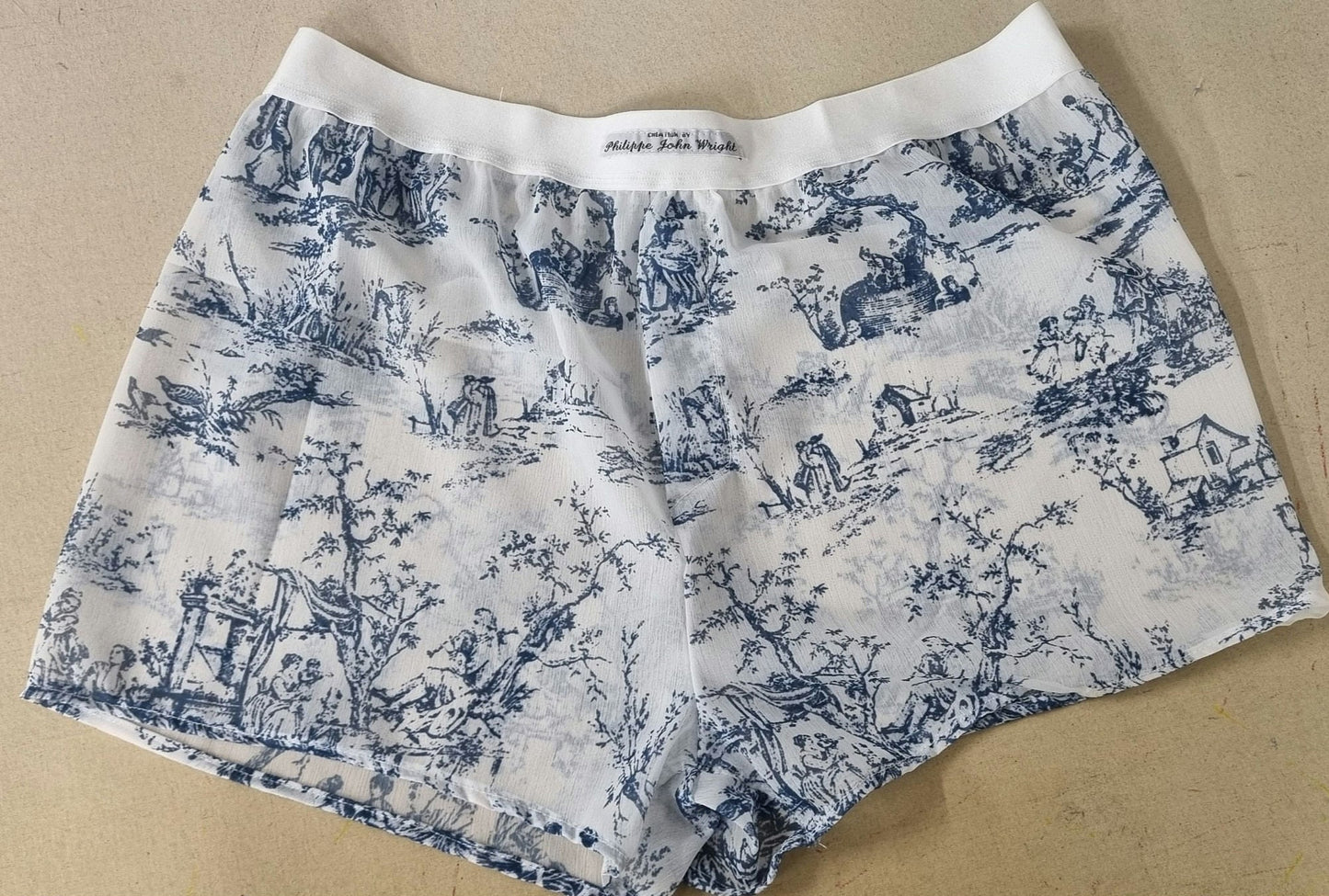 toile de jouy boxers shorts for men soft breathable sexy underwear in porcelain pattern sheer see through blue and white