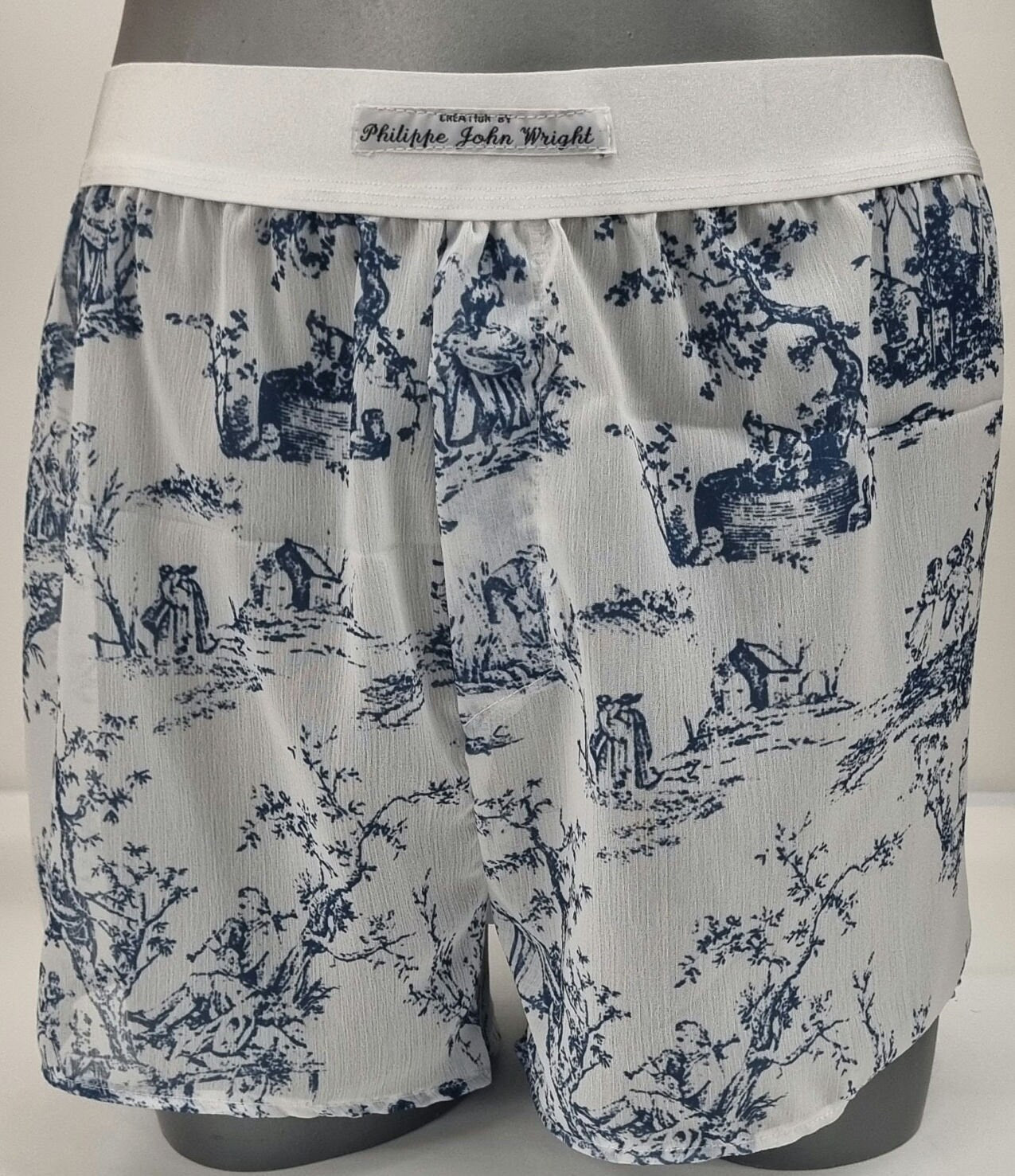 toile de jouy boxers shorts for men soft breathable sexy underwear in porcelaine motif sheer see through blue and white